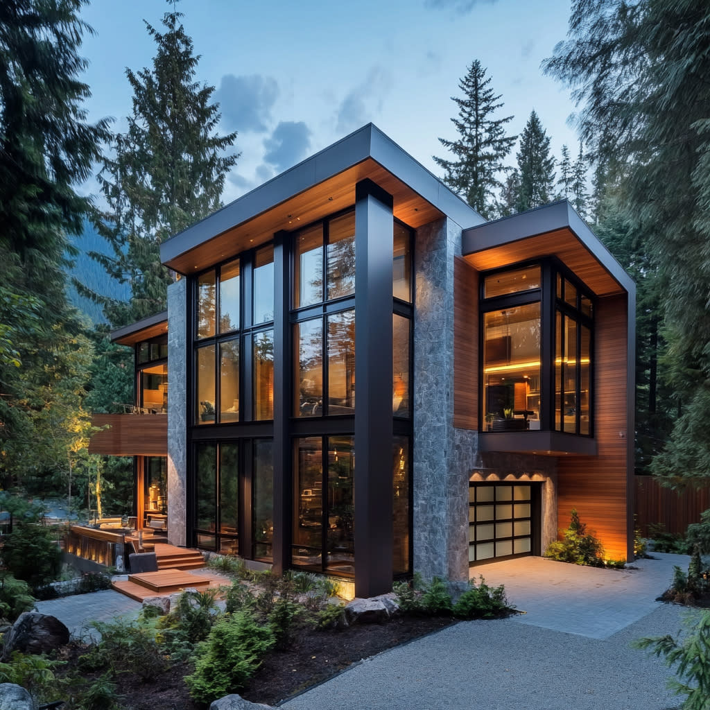 Contemporary mountain home with dramatic vertical glazing, stone and wood cladding, and a forested backdrop in an alpine