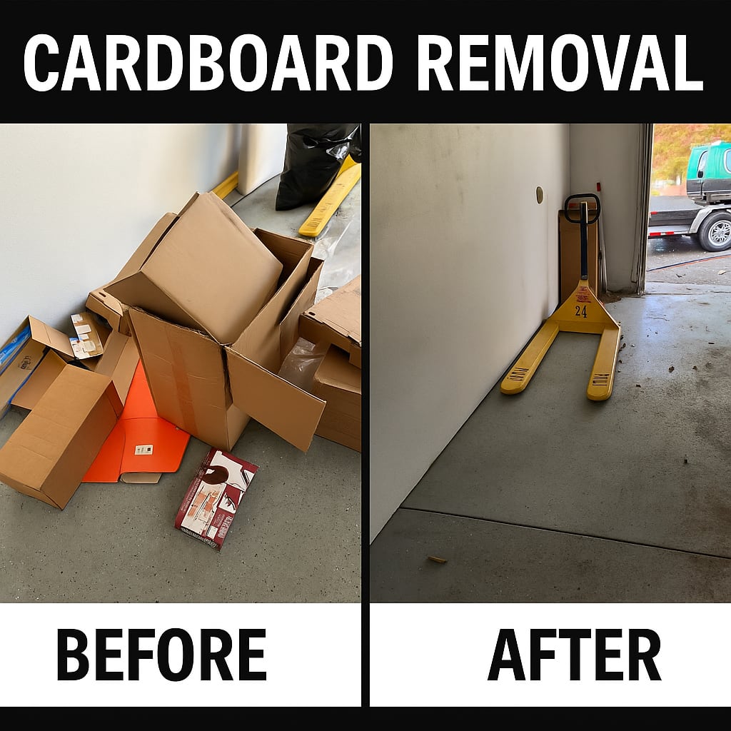 Cardboard box removal before and after – garage cleanup in Windsor Colorado