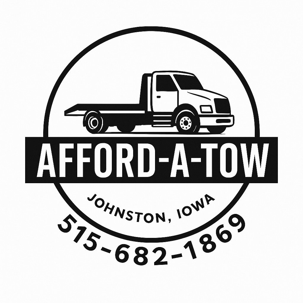 “Afford-A-Tow logo featuring a black and white flatbed tow truck inside a circular badge with bold text reading ‘AFFORD-A-TOW