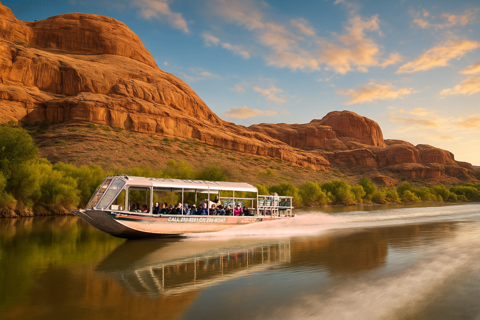 Sun setting over red rock cliffs during a Moab jet boat tour