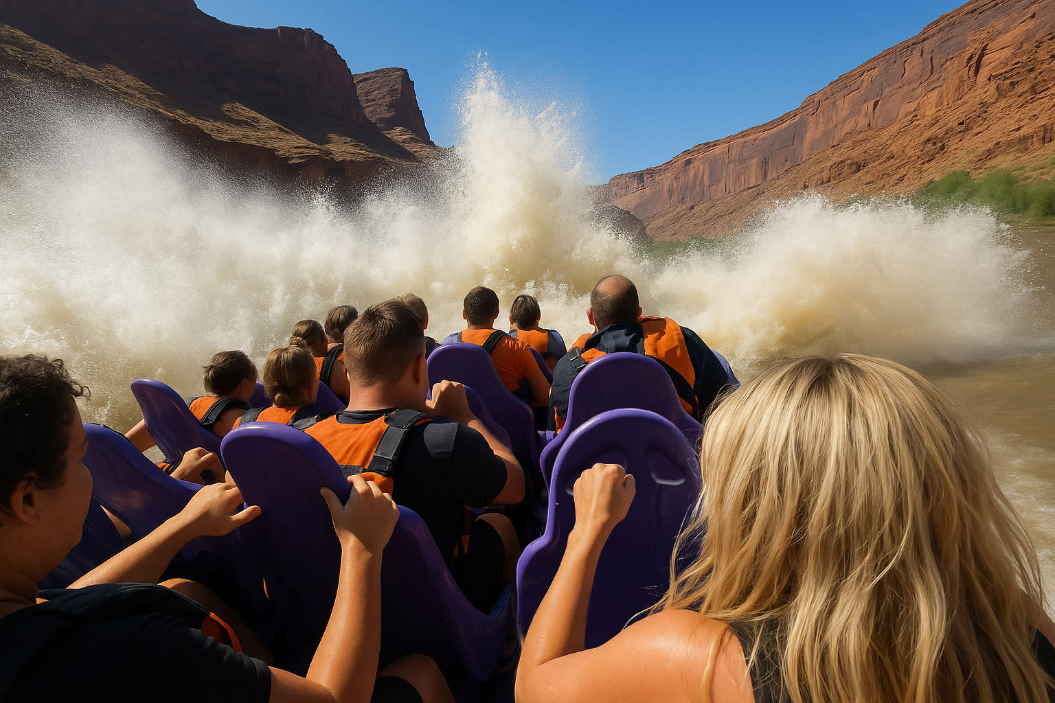 Guests laughing during a high-speed spin on the Moab jet boat ride