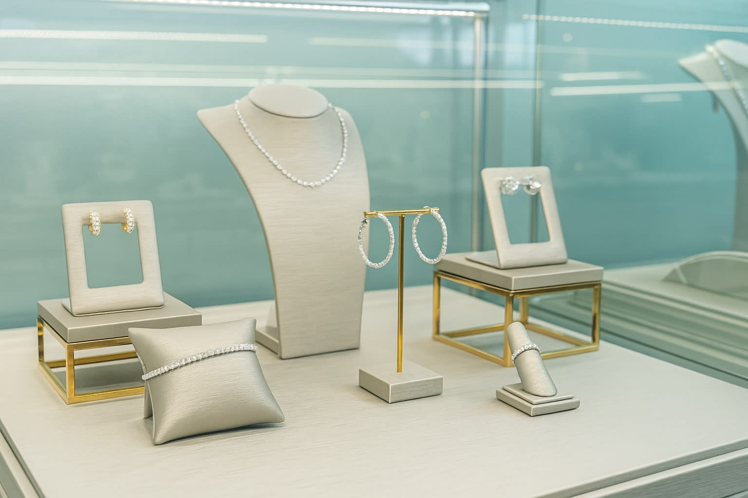 Elegant diamond jewelry set displayed in a glass showcase, including a necklace, hoop earrings, bracelets, and a ring.