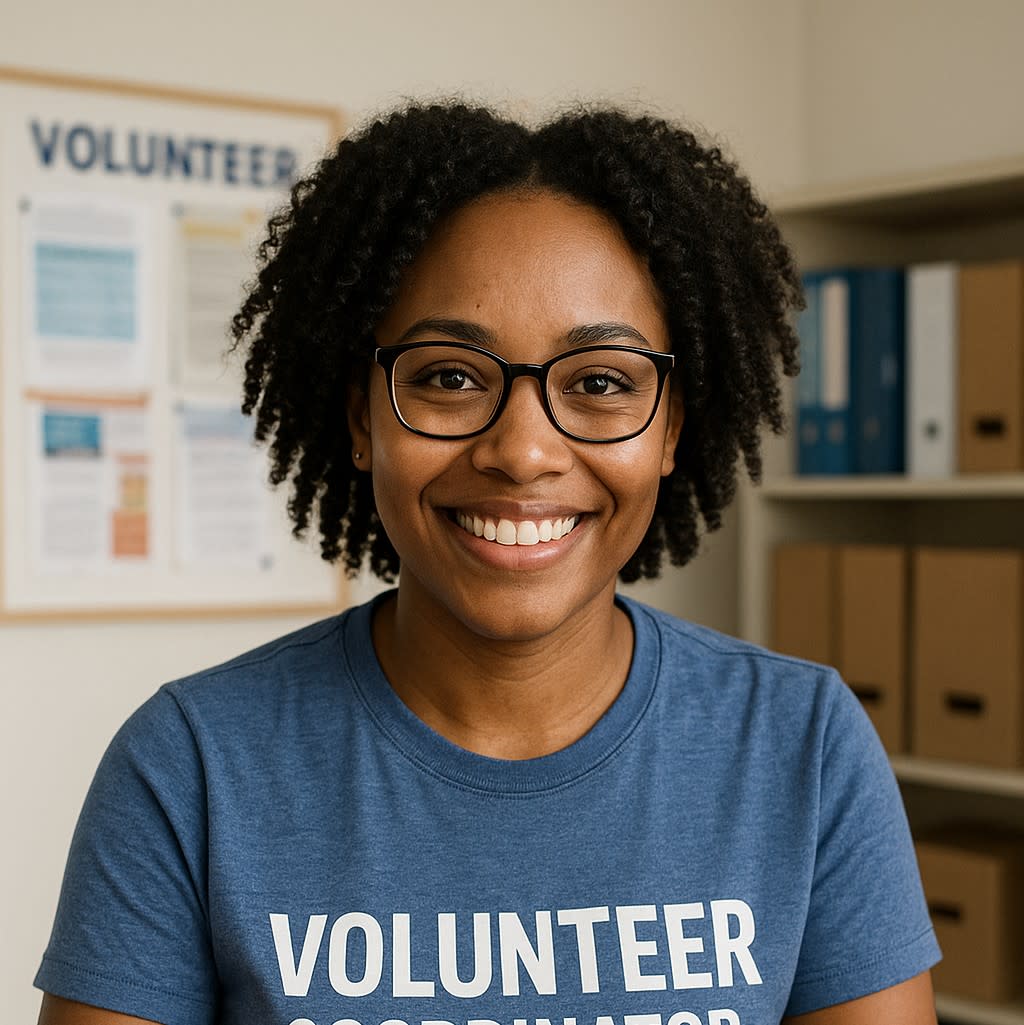 African American woman in tortoise shell glasses and wavey hair wearing a t-shirt printed with volunteer coordinator