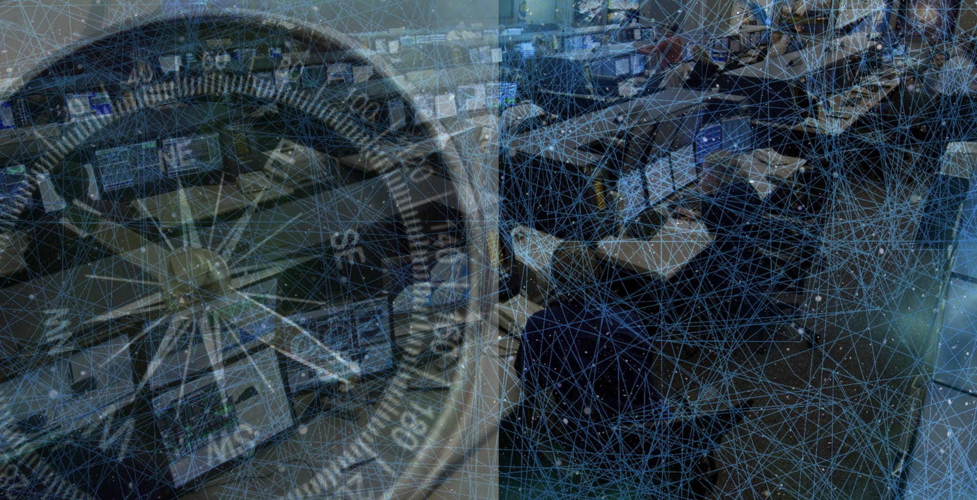 An image of mission control with a compass and network graph overlaid
