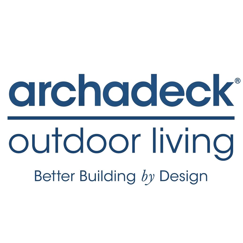 blue text against white background reading “archadeck outdoor living, better building by design”