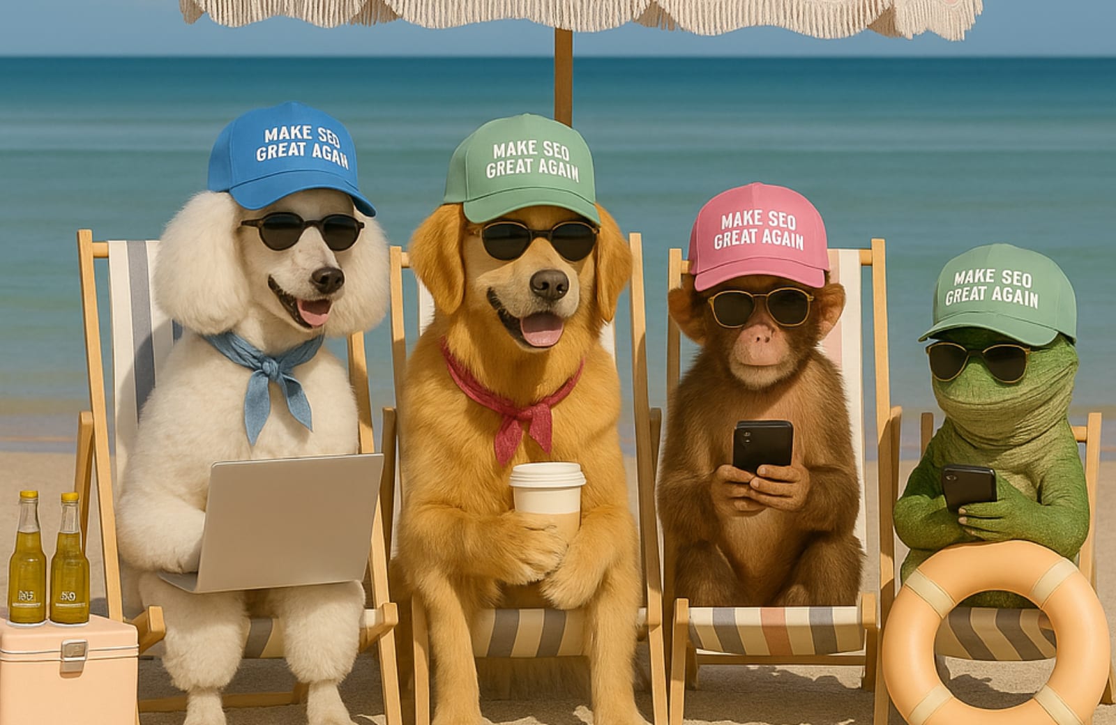 Four animals a white poodle, a golden retriever, a monkey, and a green frog sit on beach chairs under a fringed umbrella