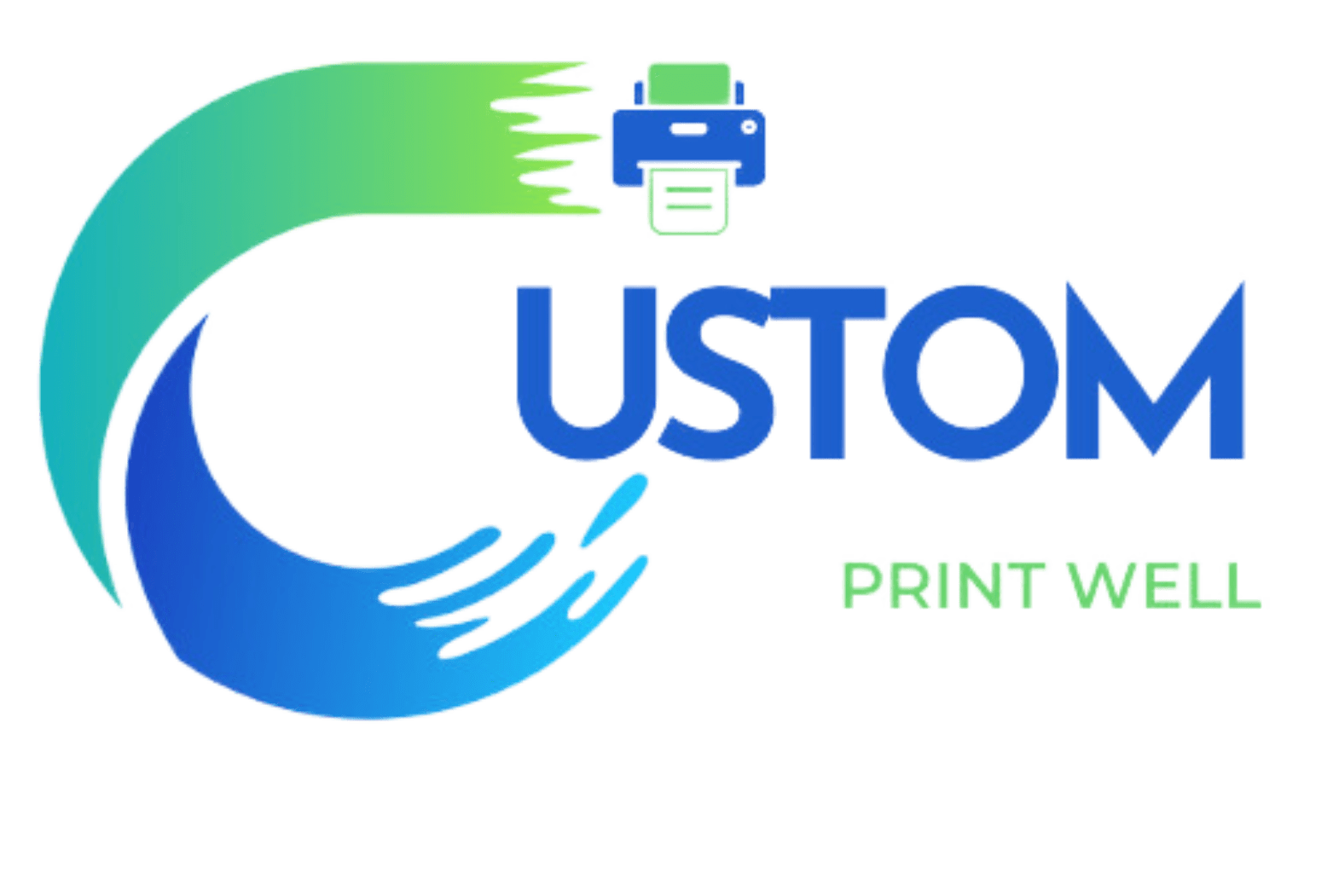 Custom Print Well business logo featuring a dynamic blue and green graphic and a printer icon