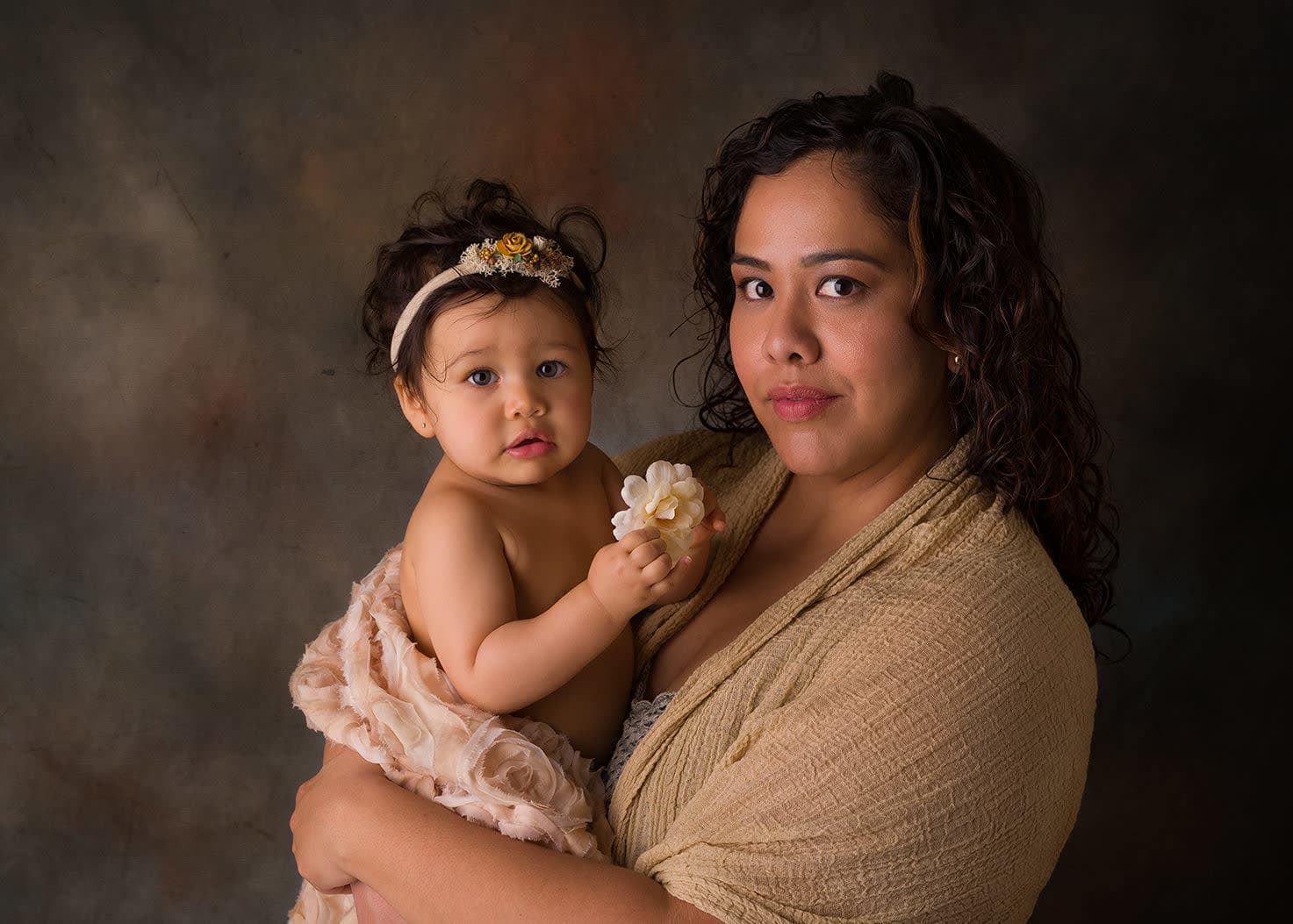 Mommy and Me Portrait 6 mos old girl in taupe colors