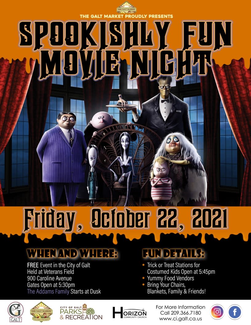 Spookishly Fun Movie Night, Friday, Oct 22, 2021 at Veteran's Field. Activities begin at 5:30, movie begins at dusk.