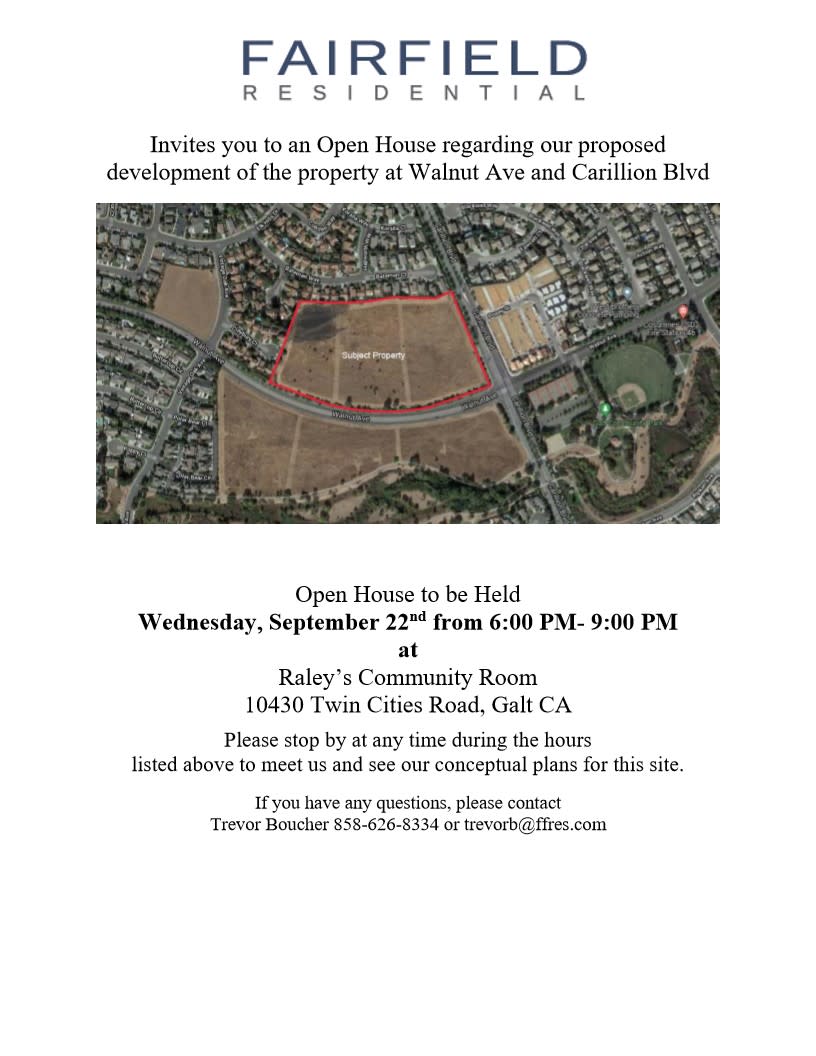 Fairfield Residential Open House - 09/22/2021, 6-9 pm. Raley's Community Rm, 10430 Twin Cities Rd, Galt.