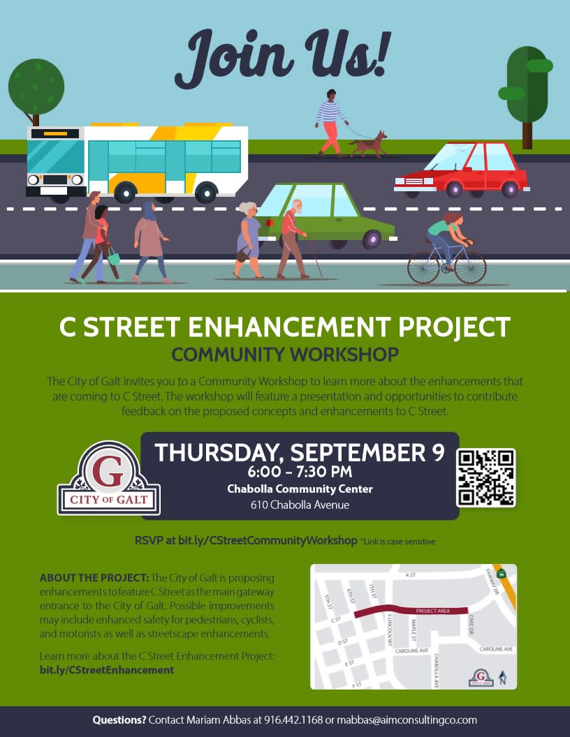 C Street Enhancement Project Community Workshop flyer - Sept 9, 2021 6:00 pm - 7:30 pm at Chabolla Center, 610 Chabolla Ave