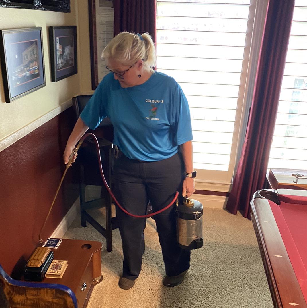 A female Technician with Colburn's Pest Control treating the inside of a home for general bugs