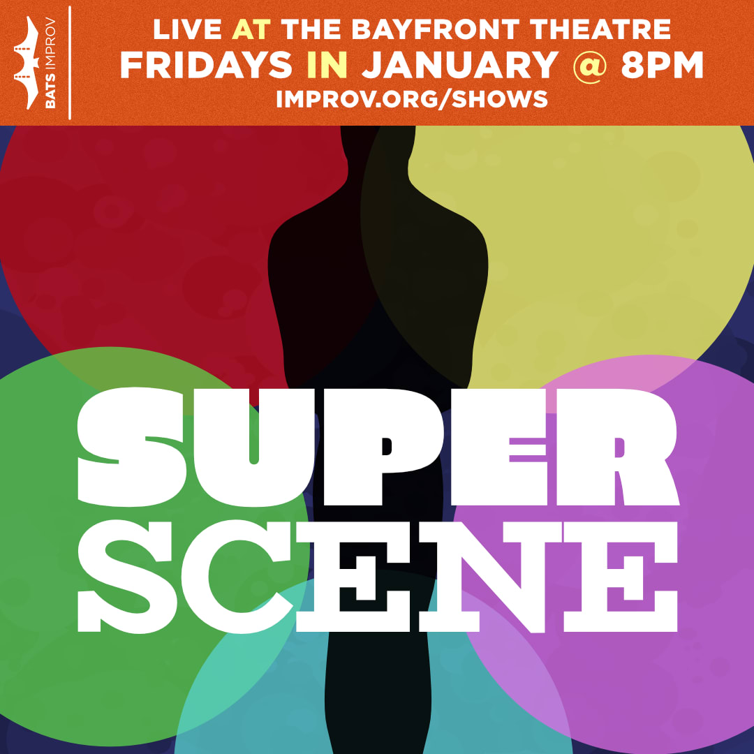 A silhouetted figure of an award, like an Oscar, stands in the middle of five circles of varying colors