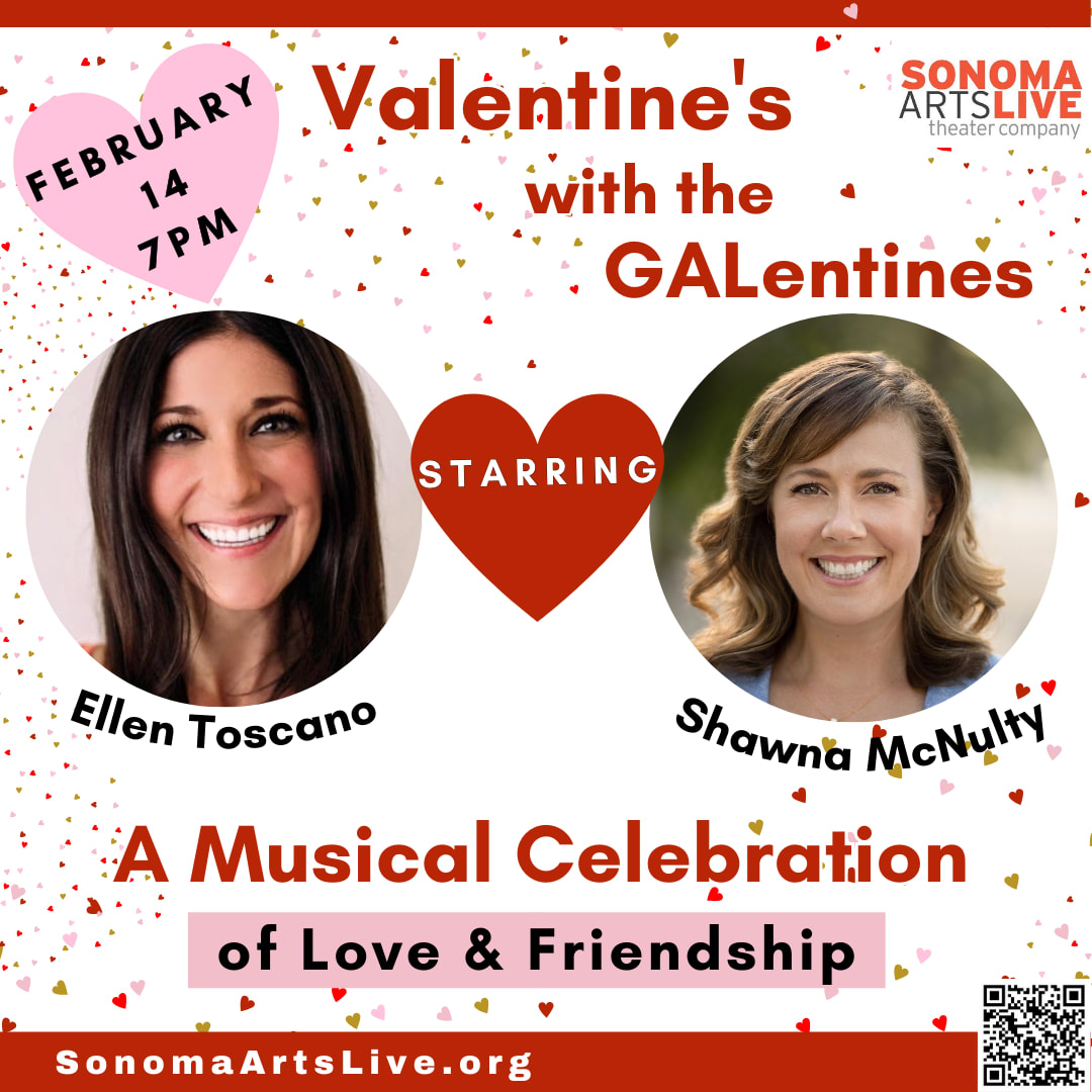 This is a postcard with two singers' faces and verbiage about a Valentine's Day show they are starring in at Sonoma Arts Live