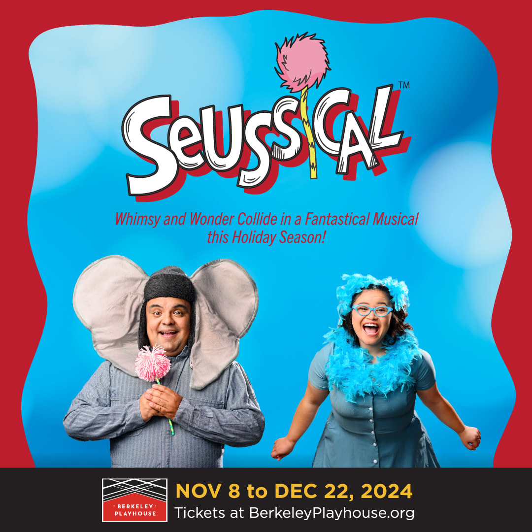 On the left is an actor in a denim jumpsuit wearing a beanie with large elephant ears facing forward holding a small version