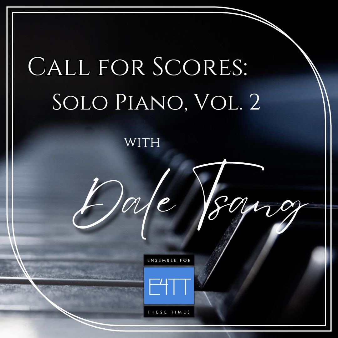 black and white, piano keyboard background with white cursive lettering of Dale Tsang's name plus E4TT blue and black logo