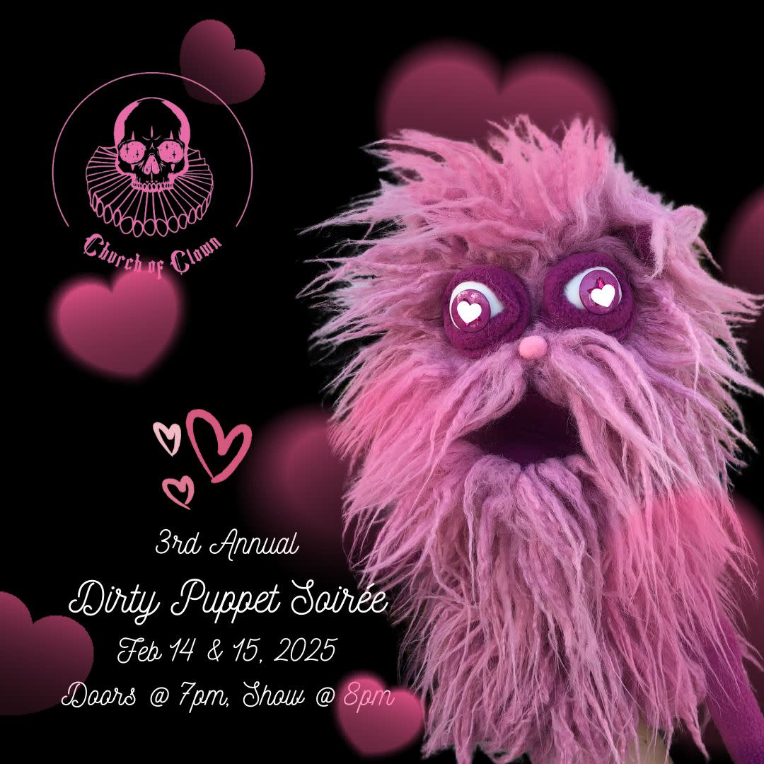 A fuzzy pink puppet with heart eyes looks out from a black and pink background with hearts and event information in white cur