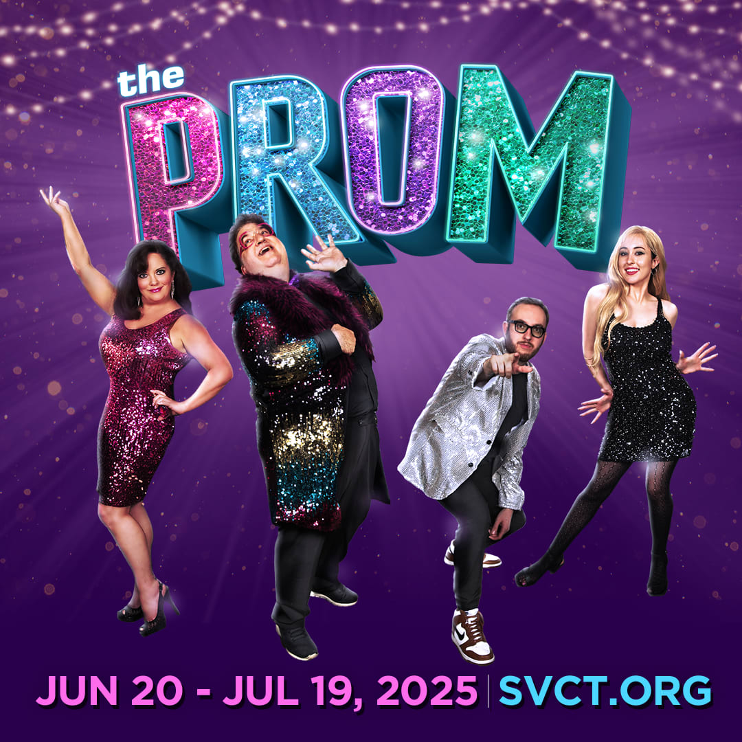 actors dancing in sparkly formalwear with The Prom Logo