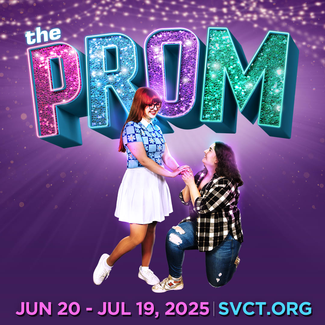 two actors in a promposal pose with the prom logo