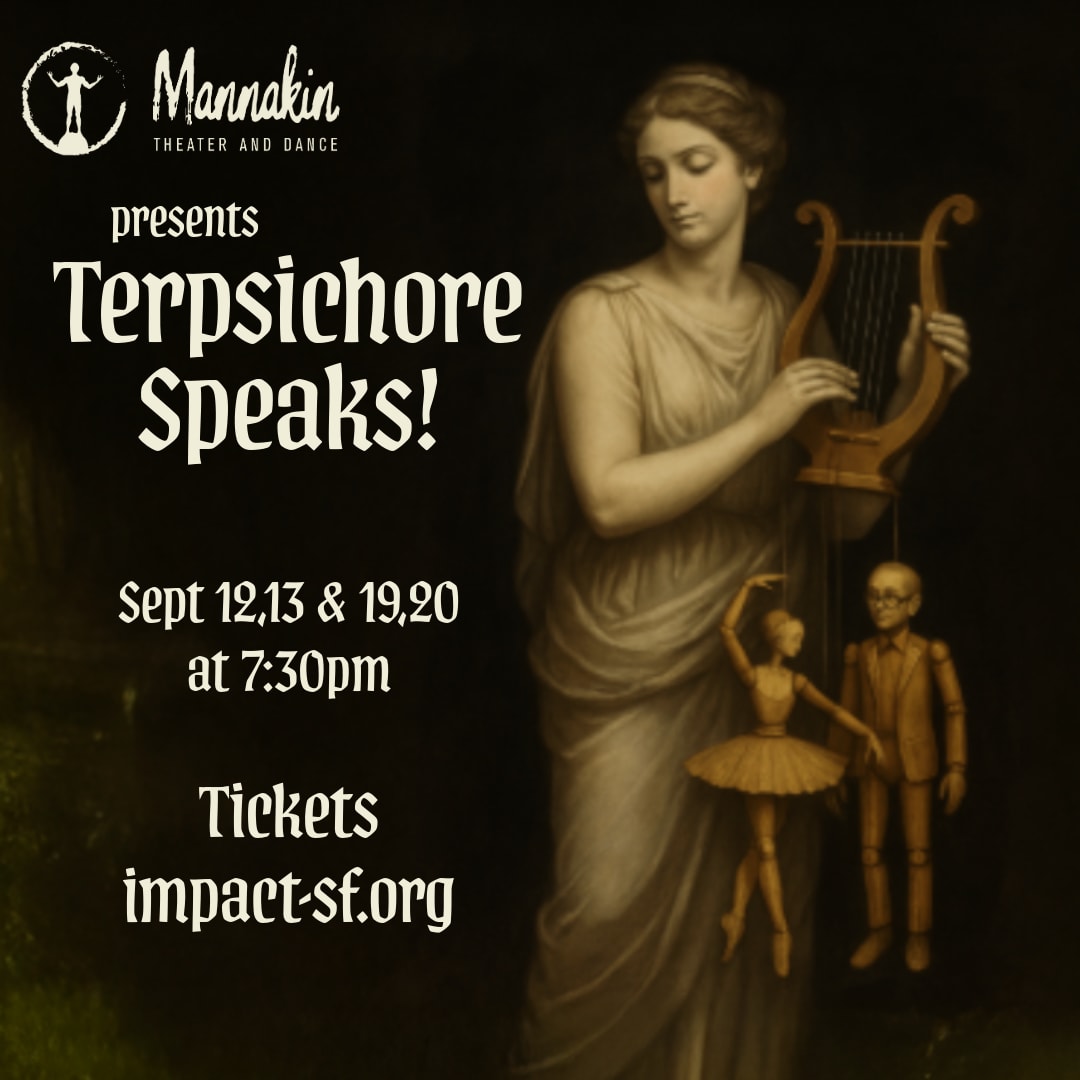 A classical illustration depicts the goddess Terpsichore in a white robe, holding a lyre with two wooden marionette puppets—a