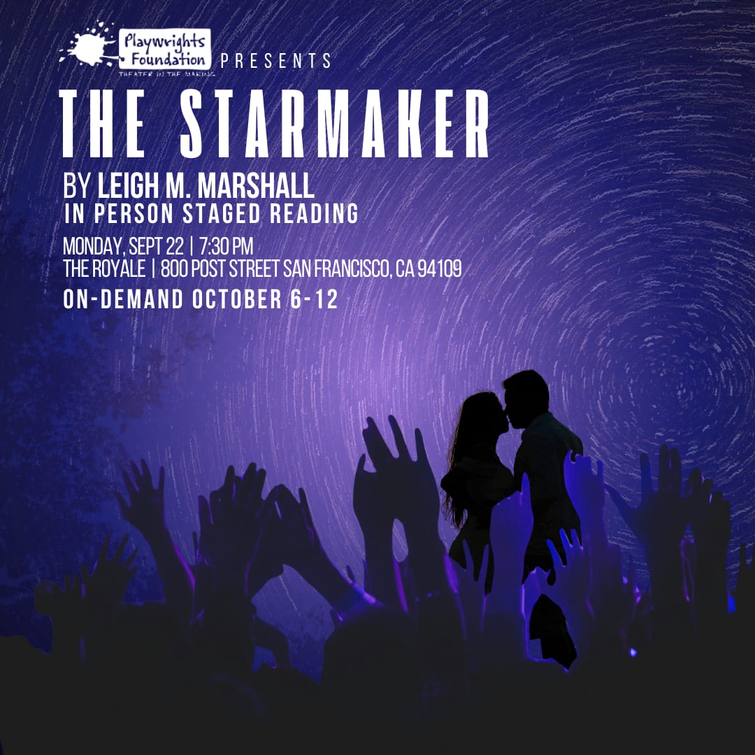 A purple background with stars swirling around two lovers and raised audience hands.