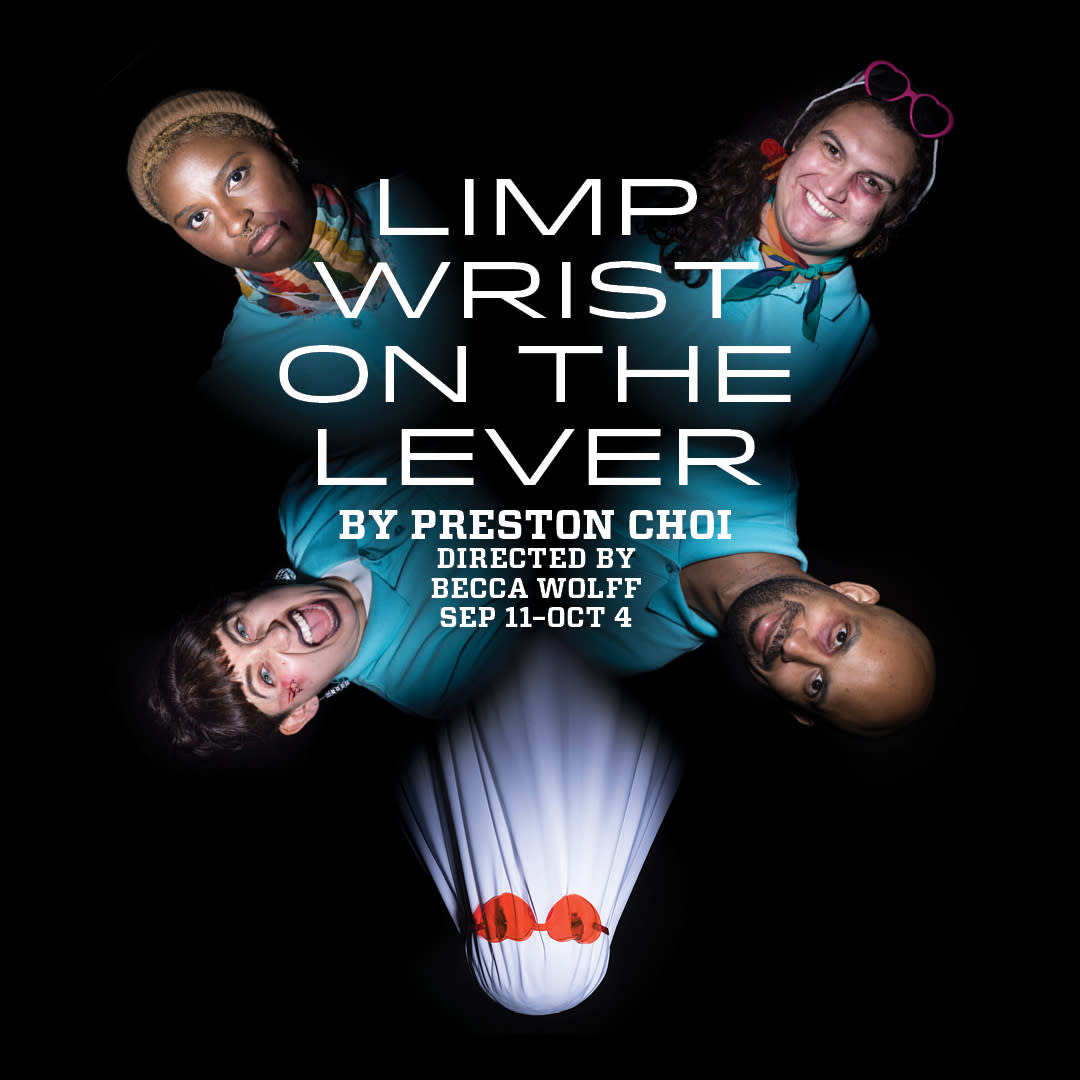 Four people in blue polos look at the camera with different expressions, with a sheet-covered figure wearing red heart sungla