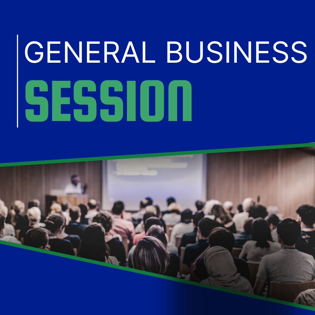 photo of conference session with text saying General Business Session