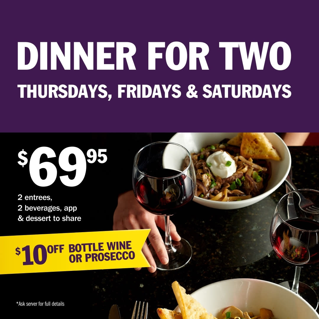 Dinner for Two prix fixe menu with 2 entrees, 2 beverages, an appetizer and dessert to share