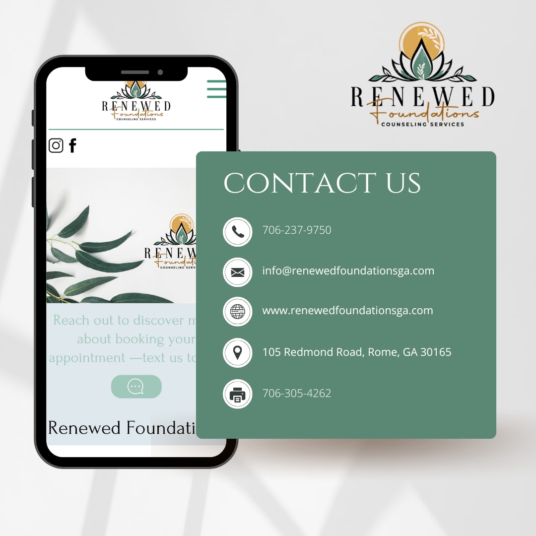 Renewed Foundations Counseling Services contact info displayed on info card with phone, email, website, address, & fax number