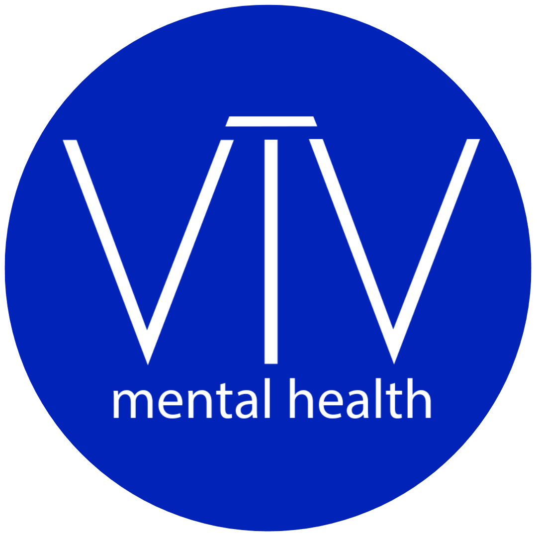 Blue, circular business logo with white text that reads, "VIV Mental Health".