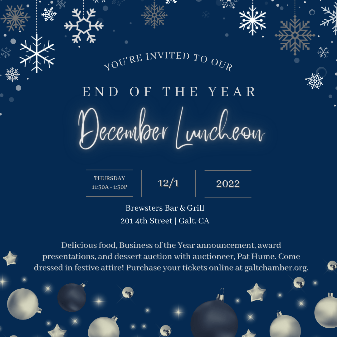 End of the Year December Luncheon, 12/1/22, 11:30am - 1:30pm @ Brewsters Bar & Grill, 201 4th St., Galt