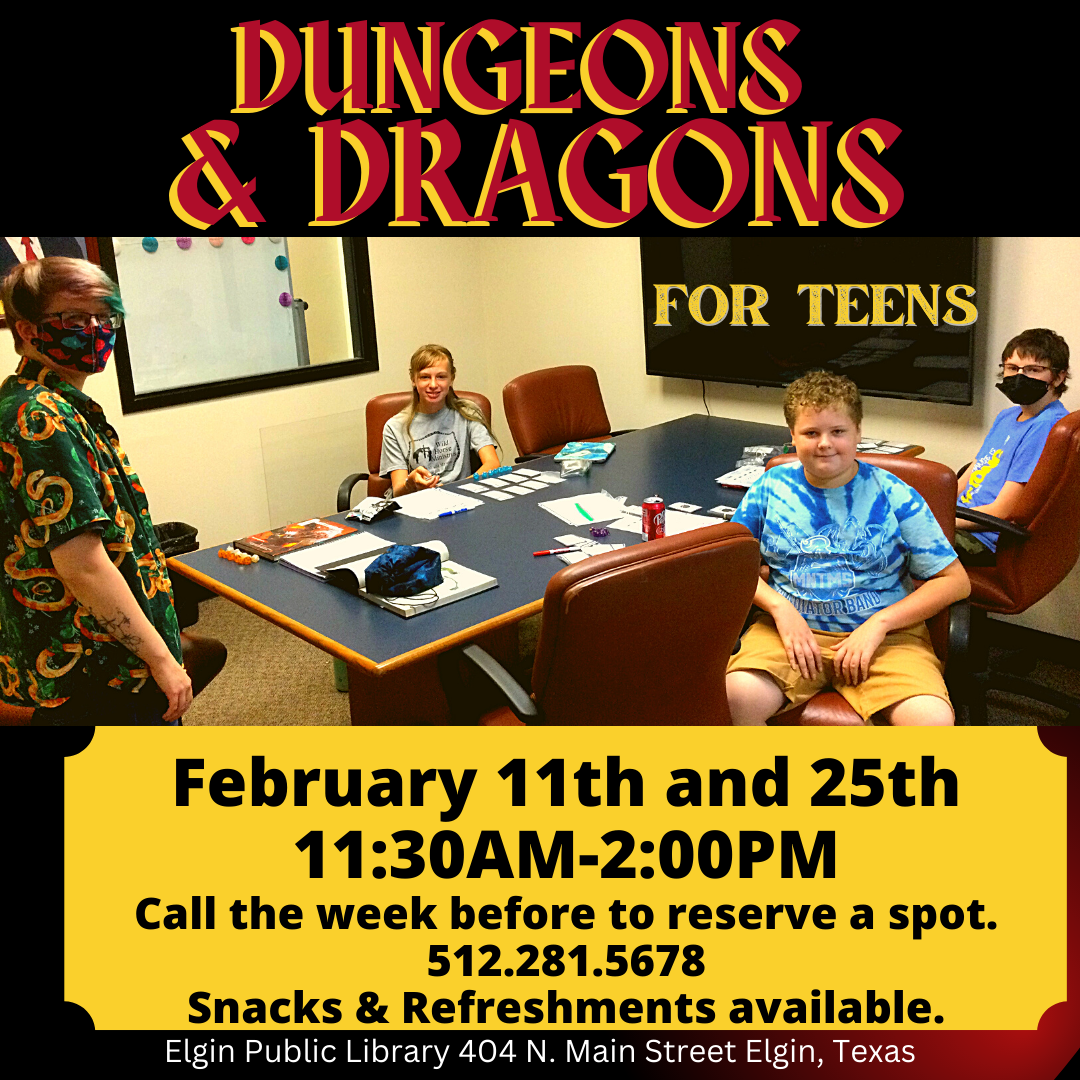 Dungeons and Dragons for teens at the Elgin Public Library February 11th and 25th