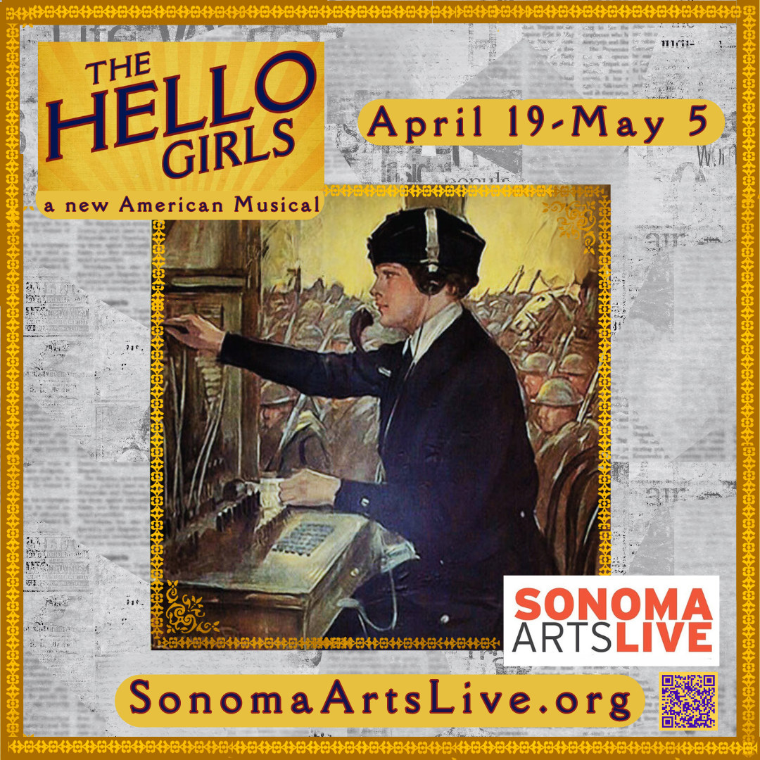 A show poster of a painting of a woman from WW1 working the switch board to advertise the play, The Hello Girls.