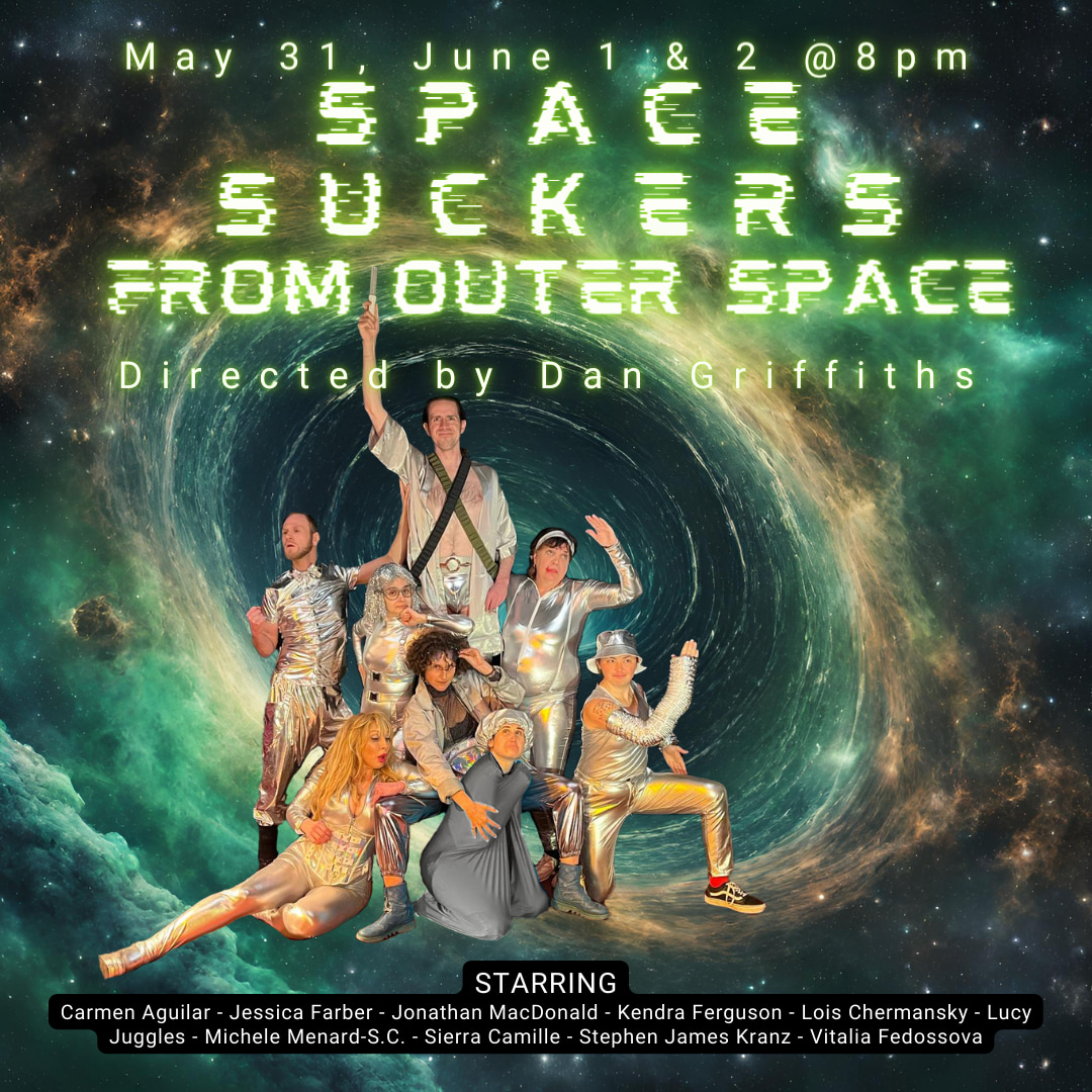 A Group of People Dressed in all Silver posing as space cadets with a galaxy background.