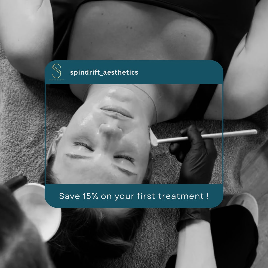 young woman skin care black and white photo with green/white text