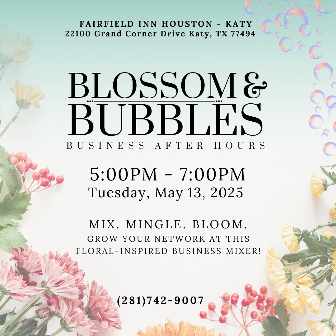 A promotional flyer for a business mixer titled "Blossom & Bubbles" featuring floral and bubble graphics
