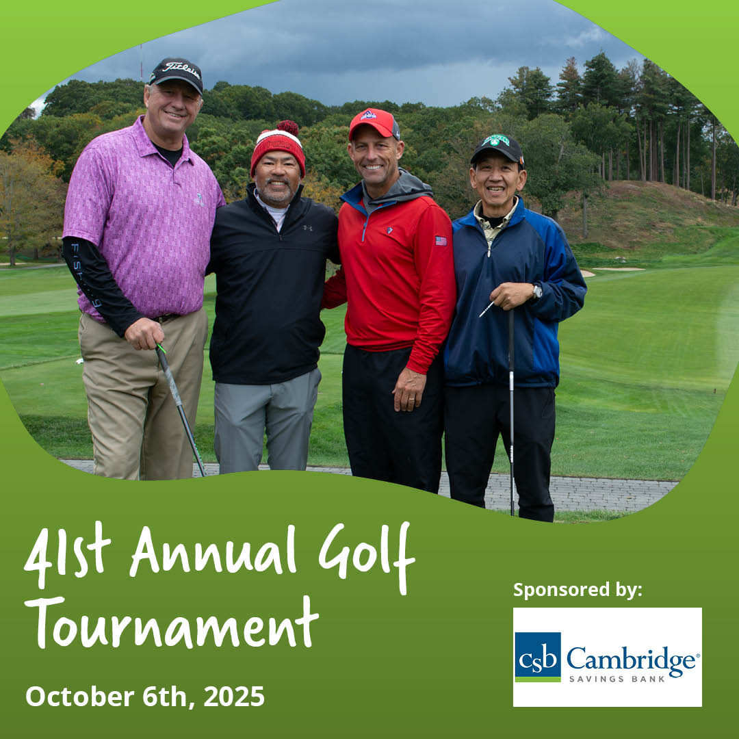 Four smiling men dressed in golf attire pose together on a golf course under cloudy skies. Text reads: “41st Annual Golf Tour