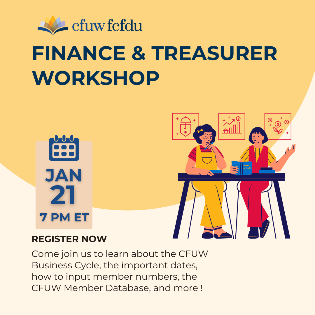 Promotional graphic for CFUW Finance & Treasurer Workshop scheduled for January 21 at 7 PM ET