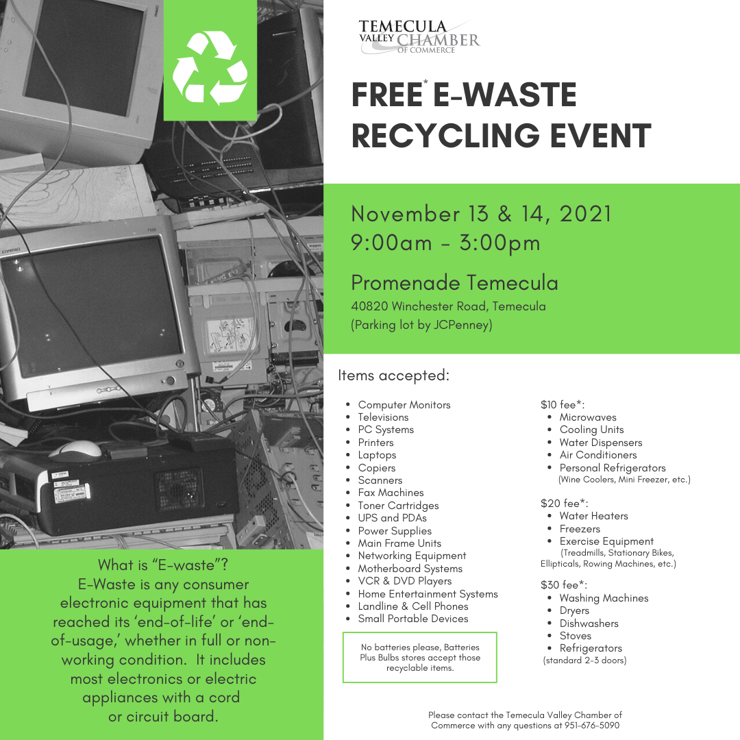 Free e-waste recycling event at promenade mall in temecula Nov 13 and 14 from 9-3