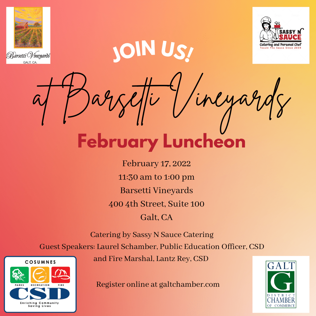 Feb luncheon, 02/17/2022 @ Barsetti's, catering by Sassy N Sauce Catering, Guest speakers: Laurel Schamber & Fire Marshal, La