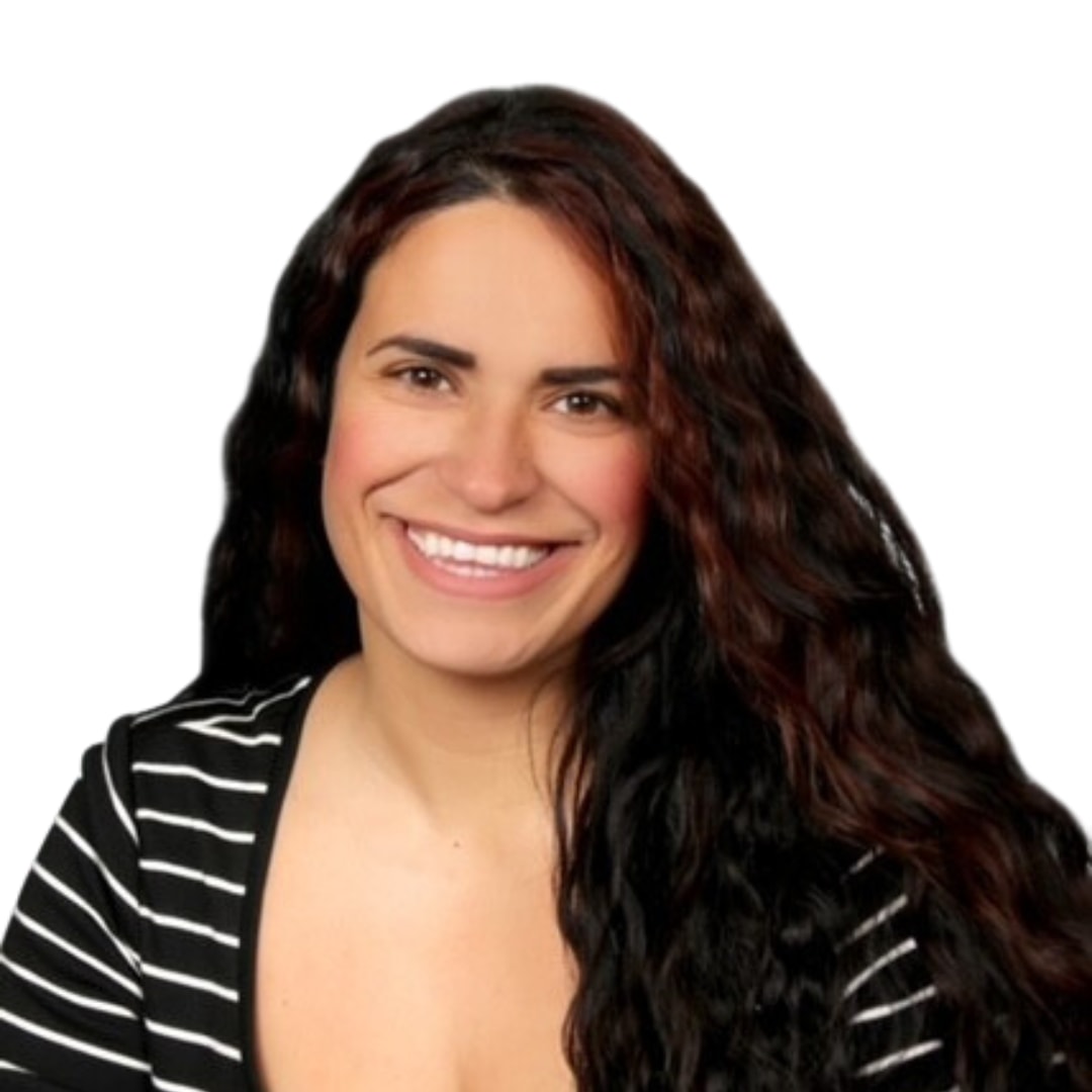 Woman in black and white striped shirt with long brown hair