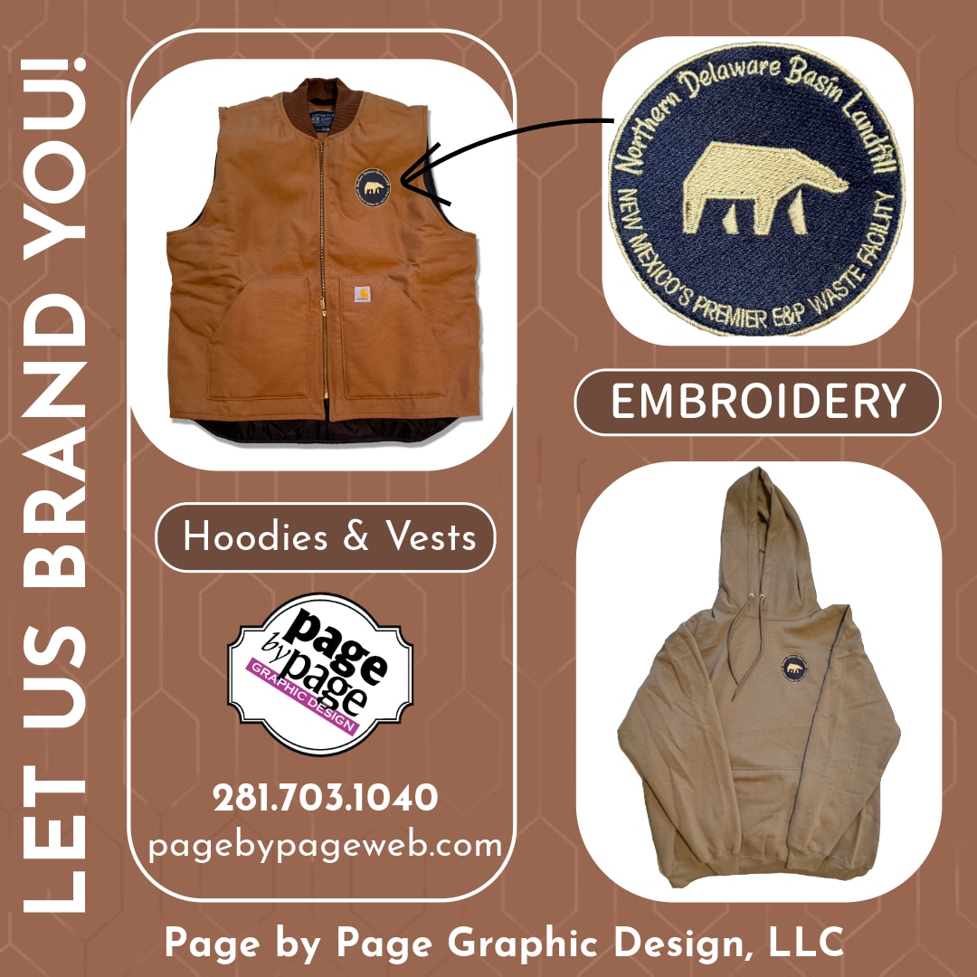 Embroidered vests and hoodies by Page by Page Graphic Design, LLC