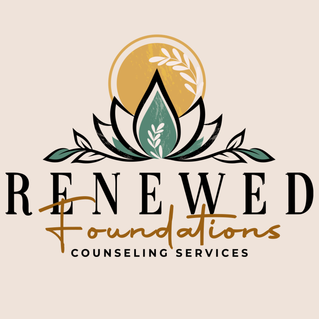 Renewed Foundations Counseling Services logo with a lotus flower and sunrise, symbolizing healing, growth, and new beginnings