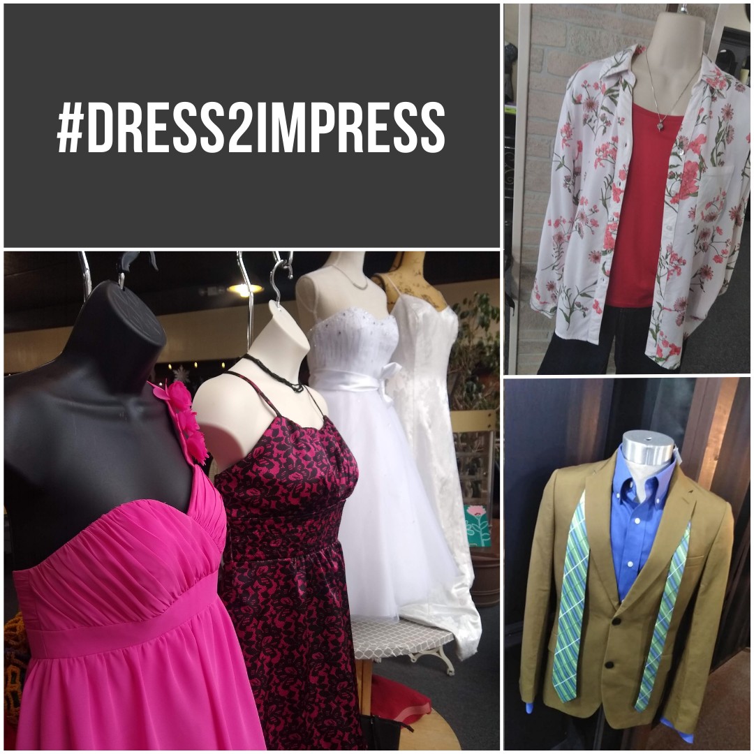 Collage of mannequins displaying men’s and women’s clothing from Dress 2 Impress, including formal gowns, a casual floral blo