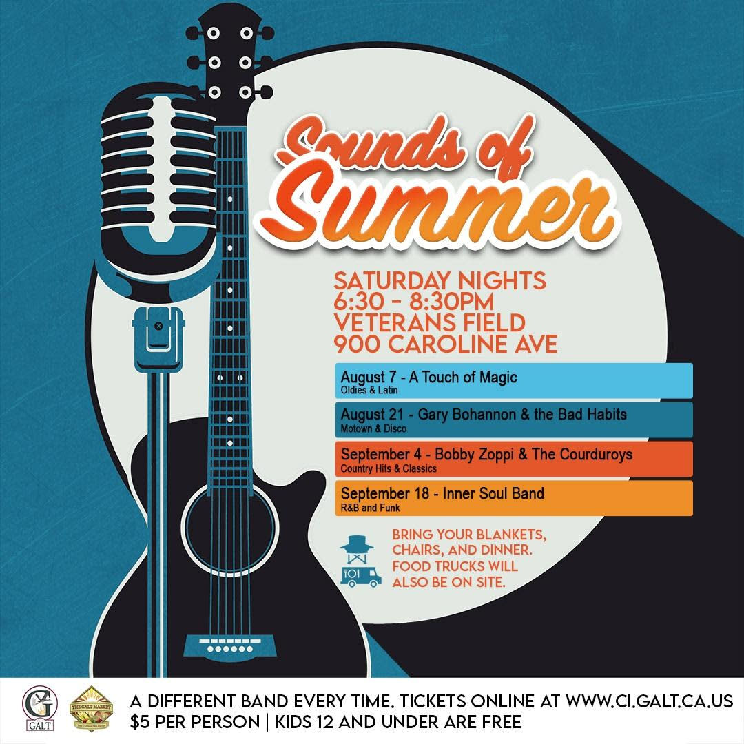 Sounds of Summer flyer. Bands on Saturdays 6:30 - 8:30 pm, 08/07, 08/21, 09/04 & 09/18/2021. Bring blankets, chairs & food.