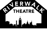 black and white logo with the words Riverwalk Theatre above an image of the Lansing skyline