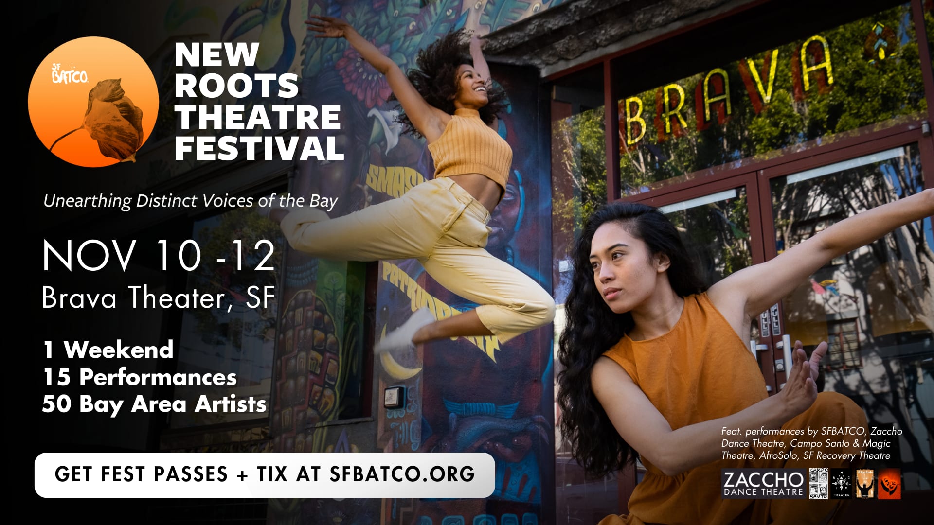 A dancer is jumping in front of the Brava Theatre Center in the Mission. The poster is describing the dates and times of the