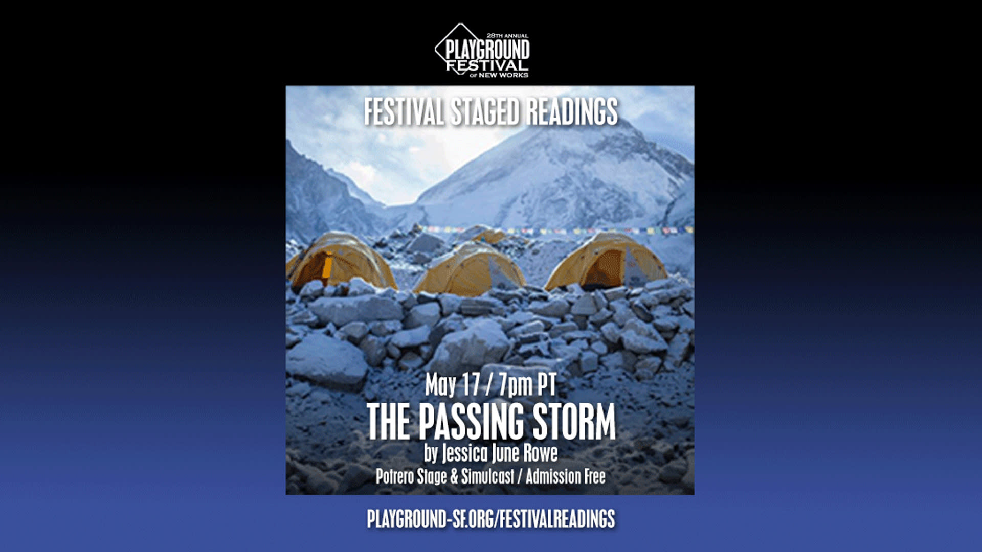 Header image that reads PlayGround Festival Staged Reading: The Passing Storm. Image is a series of three yellow tents pitche