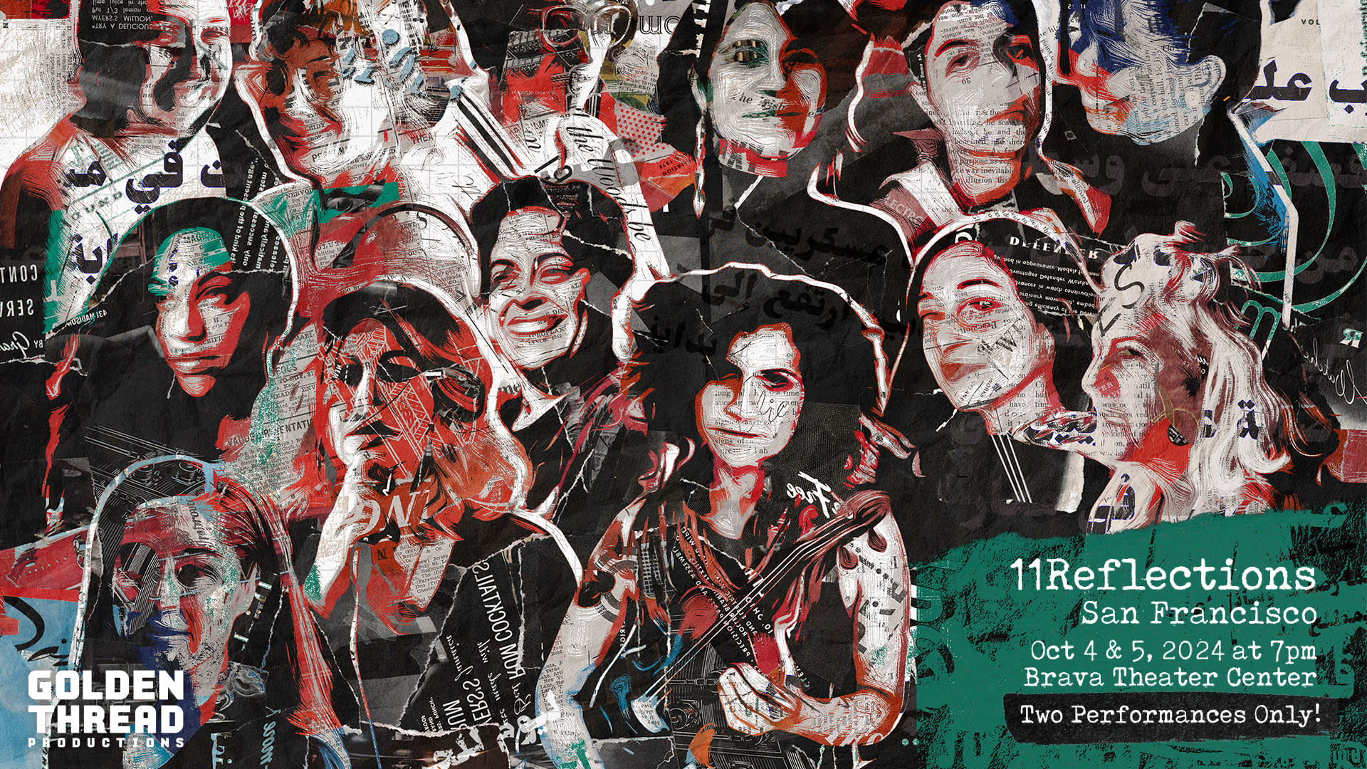 A stylized collage of women's faces, in black and white, with red highlights, overlaid with fragments of newsprint and text i