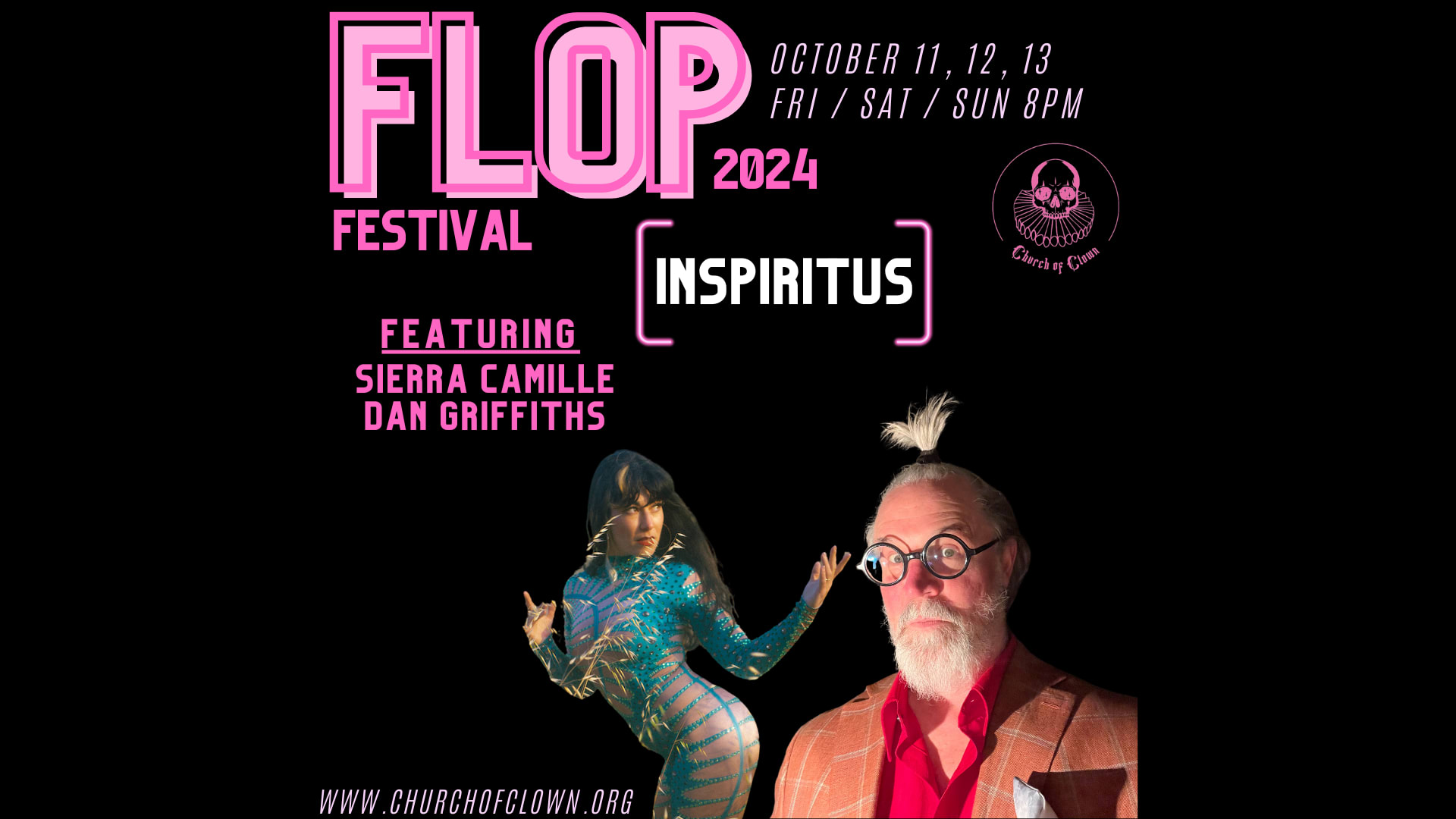 A woman in a field poses beckoning to a man with a ponytail on a black background and text